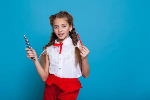 portrait of a beautiful schoolgirl with pigtails 11 years old