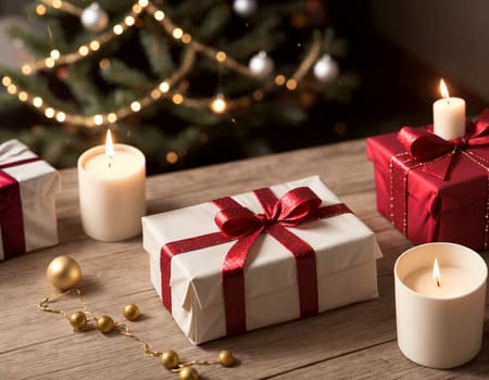 Lovely Christmas background with gifts, decorations and candles on the table