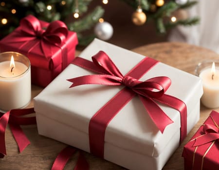 Lovely Christmas background with gifts, decorations and candles on the table