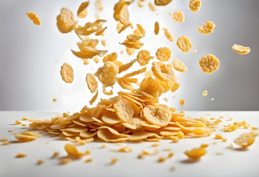 Cornflakes isolated on white background. Pattern for food advertising, or image for shop or dining room, falling on a white table top Generate AI