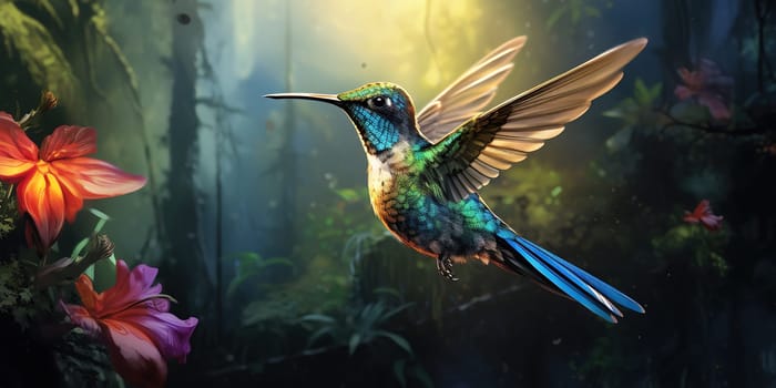 Colorful hummingbird in a jungle, wildlife and nature concept