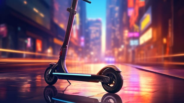 Parked electric scooter in a city, transportation concept