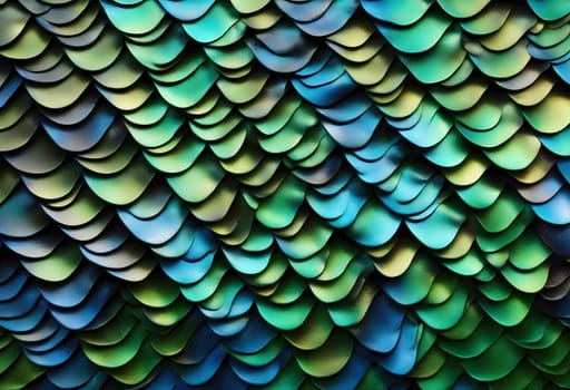 Close-up of colorful dragon scales as a background. Playing with blue, green and black metallic colors Generate AI