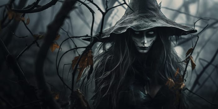 Creepy witch in a mysterious forest, wizardry and witchcraft concept