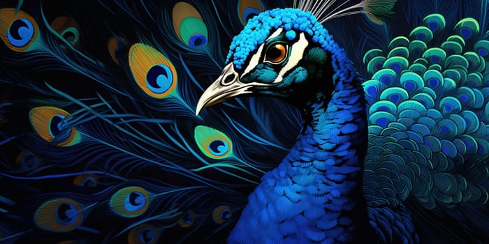 Beautiful peacock peafowl, which has very long tail feathers that have an eye-like markings and can be erected and fanned out in display