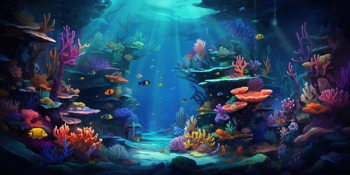 Colorful coral reef underwater, ridge of rock in the sea formed by the growth and deposit of coral, nature concept