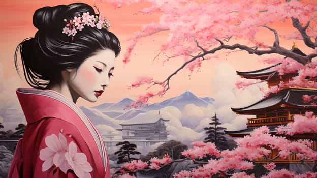 Portrait of Japan geisha with pink sakura, Japanese hostess trained to entertain men with conversation, dance, and song