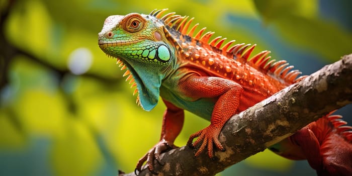 Colorful legion sitting on the branch in a jungle, wildlife and nature concept