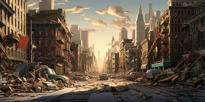 The city after strong earthquake, sudden and violent shaking of the ground, sometimes causing great destruction, as a result of movements within the earth's crust or volcanic action