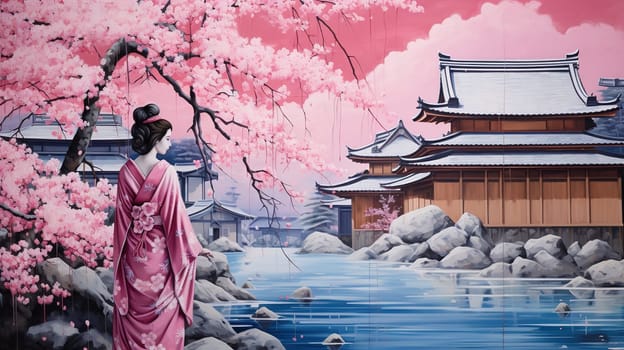 Portrait of Japan geisha with pink sakura, Japanese hostess trained to entertain men with conversation, dance, and song