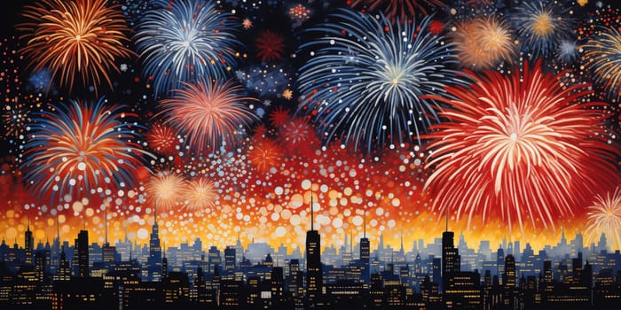 Colorful firework over the city with sparkling around, device containing gunpowder and other combustible chemicals that causes a spectacular explosion when ignited
