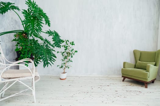 white and green chair with plants in a vintage room