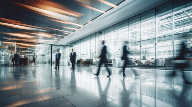 Business people rushing in office lobby with motion blur