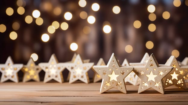 Christmas star lights on a wooden table - blurry background - AI generative