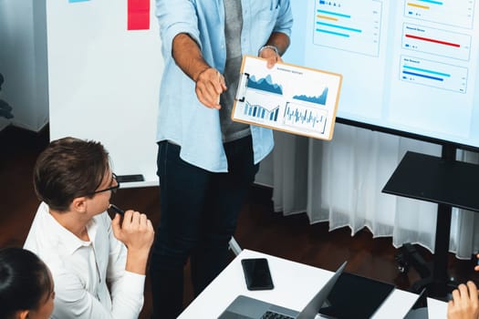 Project manager communicate and collaborate with team using project management software display on monitor, tracking progress of project task and making schedule plan at meeting table. Prudent