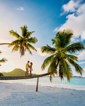 a couple of men and a woman sitting on a palm tree at Anse Volbert beach praslin Seychelles watching the sunset