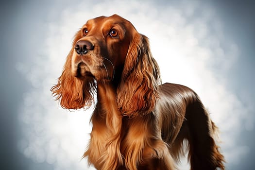 Portrait of a red cocker spaniel, cropped photo close-up, grey on a neutral background. Ai generative art