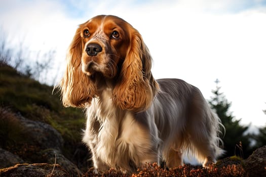 Portrait of a cocker spaniel on a nature, close up photo. Ai generative art