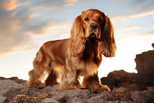 Portrait of a cocker spaniel on a nature, close up photo. Ai generative art