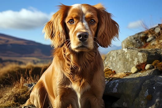 Portrait of a cocker spaniel on a nature, close up photo. Ai generative art