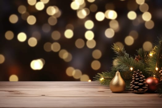 Merry Christmas and Happy New Year background with empty wooden table over Christmas tree and blurred light bokeh. Empty display for product placement. Rustic vintage Xmas 2024 background. comeliness