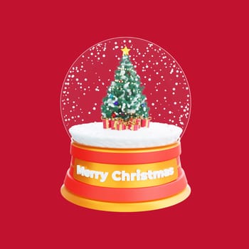 3D illustration of a festive snow globe featuring a beautifully decorated Christmas tree and an array of colorful presents. Perfect for Christmas and Happy New Year celebrations