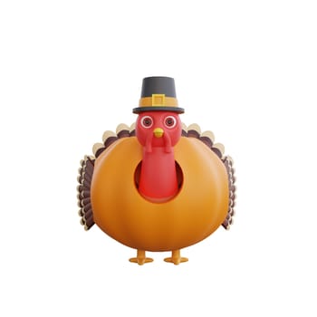 3D illustration turkey in a pumpkin costume a stylish black top hat. perfect theme thanksgiving design