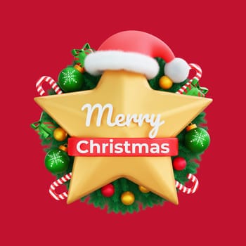 3D illustration of a festive star decoration adorned with a Santa hat, Christmas ornaments, and the message 'Merry Christmas.' Perfect for Christmas and Happy New Year celebrations
