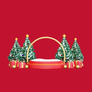 3D illustration of a festive display of Christmas trees adorned with colorful ornaments and lights, surrounded by an array of beautifully wrapped presents. Perfect for Christmas and Happy New Year celebrations