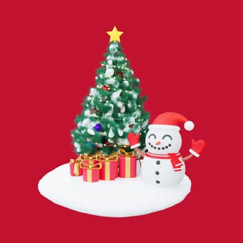 3D illustration of a decorated Christmas tree, a cheerful snowman, and an array of beautifully wrapped gifts. Perfect for Christmas and Happy New Year celebrations