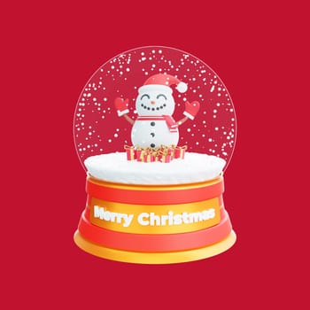 3D illustration of a festive snow globe featuring a cheerful snowman amidst colorful gifts, spreading holiday cheer. Perfect for Christmas and happy New Year celebrations