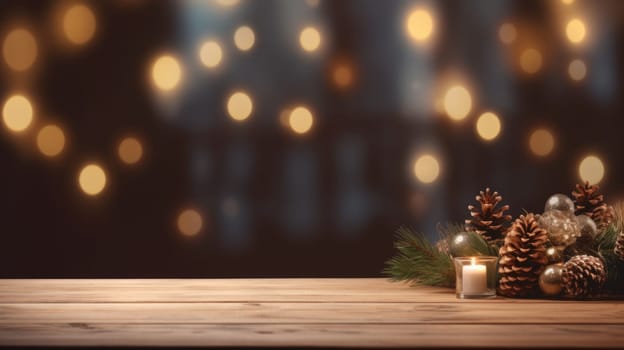 Merry Christmas and Happy New Year background with empty wooden table over Christmas tree and blurred light bokeh. Empty display for product placement. Rustic vintage Xmas 2024 background. comeliness