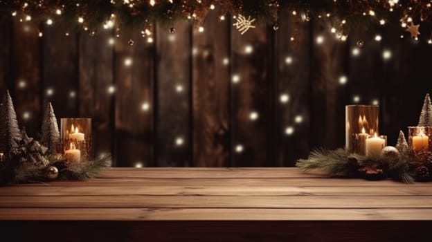 Merry Christmas and Happy New Year background with empty wooden table over Christmas tree and blurred light bokeh. Empty display for product placement. Rustic vintage Xmas 2024 background. comeliness