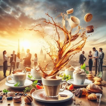 splash and flying breakfast elements food and drink, cappuccino, fruit, cake, cookie at sunrise generative ai art