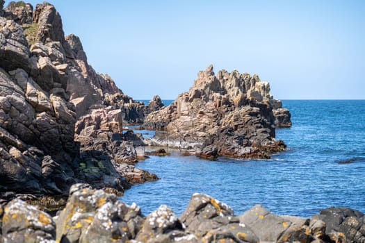 Molle, Sweden - May 3, 2022: Rocky cliffs at Kullaberg Nature Reserve in Scania Region.