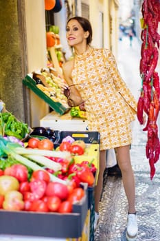 Full body of stylish young female model in casual trendy short cloth standing with assorted vegetables and fruits while posing with grocery in stall