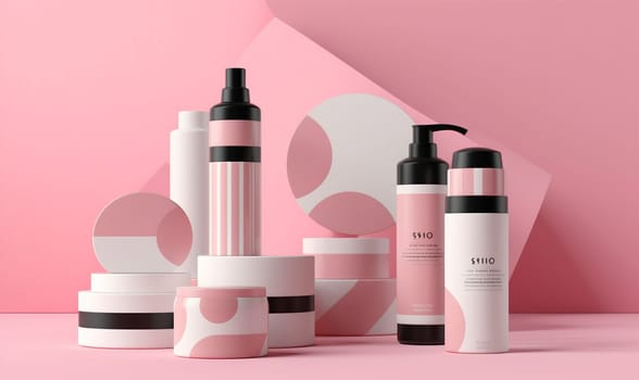 treatment flower product eco package pastel blank collagen template pink background natural beauty wellness bottle skincare hygiene cosmetic gel care layout. Generative AI.