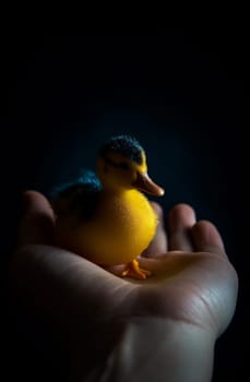 young farm girl person garden easter beautiful duck soft duckling bird fluffy adorable hand nature close-up yellow little child spring. Generative AI.