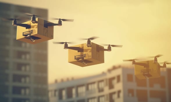 cargo technology industry fly aircraft wireless blue delivery air fast post cardboard copter drone speed parcel express propeller distribution helicopter. Generative AI.