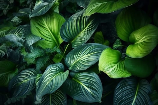 forest wallpaper light decoration plant leaf green colourful palm floral tropical green tree design background jungle nature dark foliage abstract exotic leaf. Generative AI.