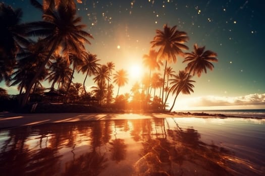 sea palm sunny coast sand sun sunlight sunset travel tropical cloud landscape beach tree ocean wave island silhouette sky sunrise. Generative AI.