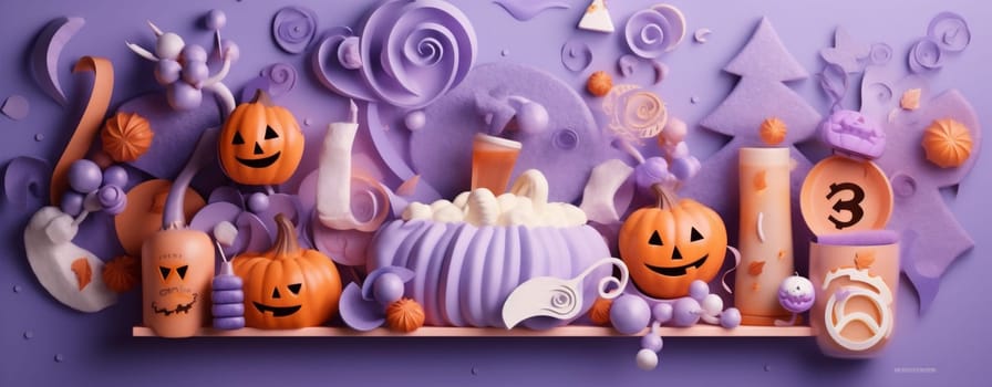purple autumn food snack icing table colorful holiday party spider colourful celebration spooky sweet sugar traditional halloween pumpkin orange candy. Generative AI.