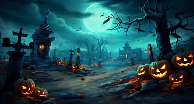 pumpkin moon halloween ghost holiday dark bat black night graveyard grave concept full design illustration haunted horror poster cemetery silhouette. Generative AI.