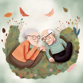 man woman relax concept female love lying mature senior character happiness home together bed asleep retired grandparent old married happy cartoon couple. Generative AI.