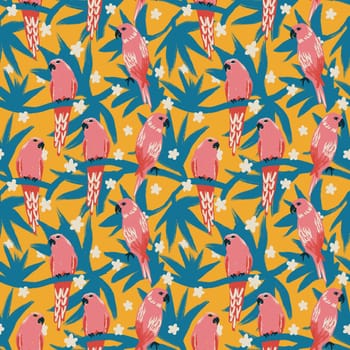 Hand drawn seamless pattern with red pink parrot blue leaves on yellow background. Tropical jungle forest bird animal, colorful bright summer exotic design, hawaii flora fashion, modern print