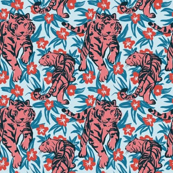 Hand drawn seamless pattern with pink tiger on blue jungle tropical background. Wild turquoise blush summer nature forest, colorful leaves tredy zoo hawaii print, exotic wildlife animal cat safari art