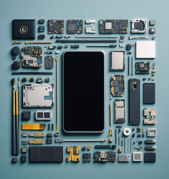 flat lay smartphone electronics scheme circuits and boards illustration ai generated