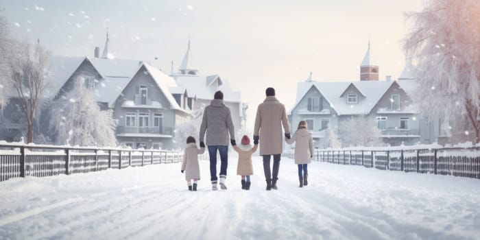 Happy family Father, mother and children are having fun and playing on snowy winter walk in nature. comeliness