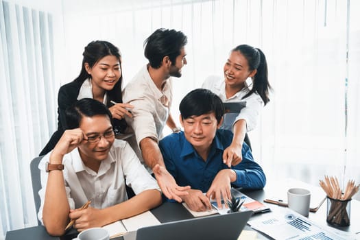 Group of diverse office worker employee working together on strategic business marketing planning in corporate office room. Positive teamwork in business workplace concept. Prudent