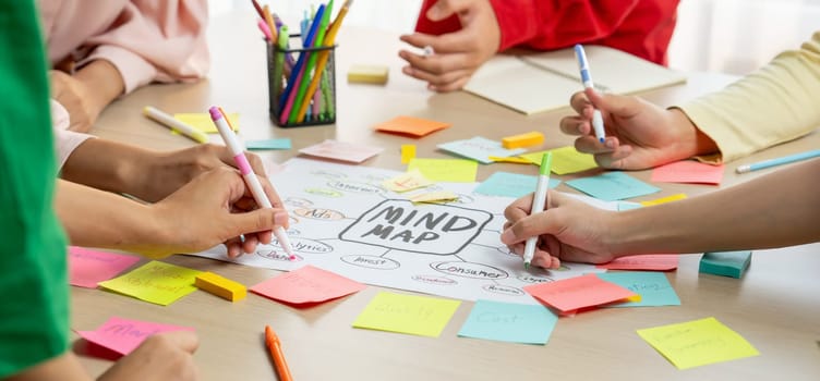 Creative business team brainstorming about marketing strategy and business plan by using mind mapping. Startup team work together to write down on paper. Focus on hand. Closeup. Variegated.